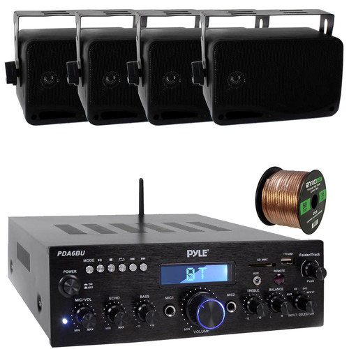 Pyle PDA6BU 200-Watt Bluetooth USB/AUX Home Audio Stereo Receiver, 4x Pyle PLMR24B 3.5" 200 Watt Max Power 3-Way Indoor/Outdoor Wall Mount Black Audio Speakers, 50 Feet 16 Gauge Speaker Wire