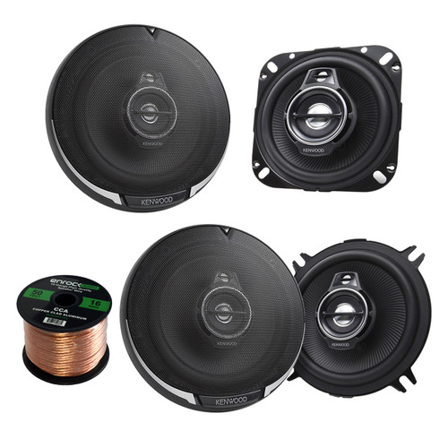 2 Pair Car Speaker Package Of 2x Kenwood KFC-1095PS 4" 3-Way Black Performance Series Black Flush Mount Car Coaxial Speakers + 2x KFC-1395PS 5 1/4 320-Watt Audio Speaker + Enrock 16g 50Ft Speaker Wire