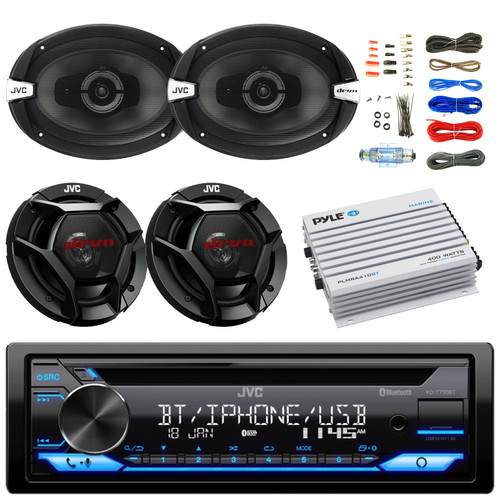 JVC KD-T720BT Single-DIN Bluetooth USB/AUX CD Player AM/FM Radio Multimedia Car Audio Stereo Receiver, 2x 6.5" 300W Max 2-Way Speakers, 2x 6x9" 500W Max 3-Way Speakers, 4-Channel Amplifier w/Kit