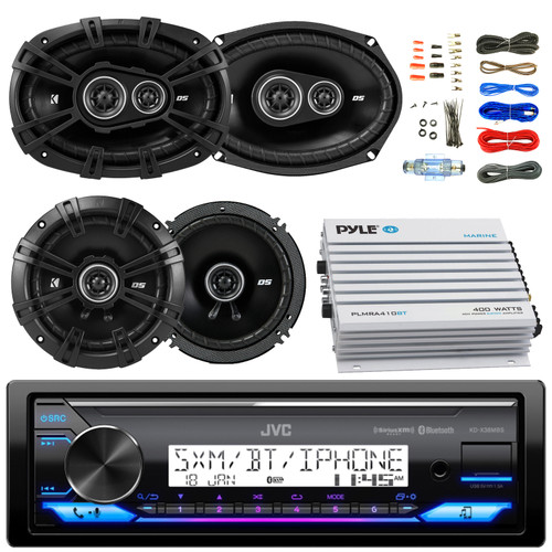 JVC KD-X38MBS Single DIN Marine MotorSports Bluetooth USB/AUX LED AM/FM SiriusXM Ready Stereo Receiver, 2x 6x9" 360W Max 3-Way Speakers, 2x 6.5" 240W Max 2-Way Speakers, 4-Channel Amplifier W/Kit