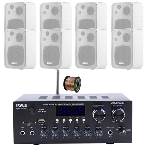 Pyle PDA69BU Bluetooth USB/AUX MP3 Player FM Radio Home Audio Sound Stereo Amplifier Receiver, 8x 4" 30 Watt Max Power 3-Way Indoor/Outdoor White Box-Speakers, 50 Feet 16 Gauge Speaker Wire