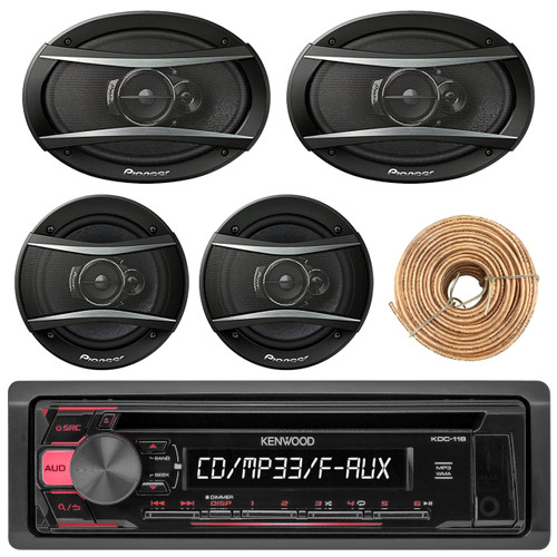 Kenwood KDC118 Car Radio USB AUX CD Player Receiver - Bundle With 2x TSA1676R 6.5" 3-Way Car Audio Speakers - 2x 6.5"-6.75" 4-Way Stereo Speaker + Enrock 50Ft 18 Gauge Wire