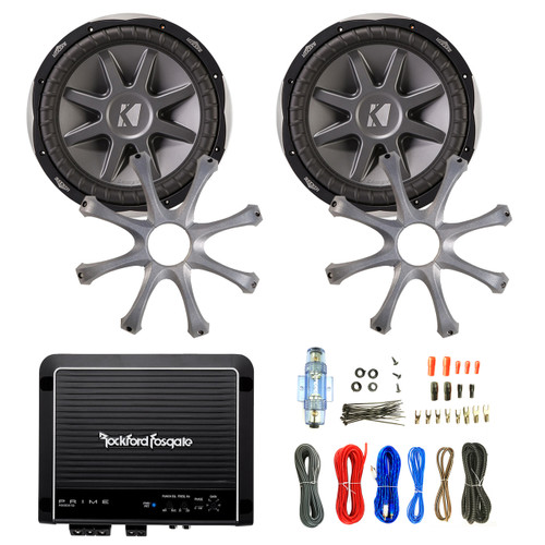 2 Kicker 10CVX104 10" Subwoofers, 2 10" Kicker GR100 Speaker Grilles, Rockford Fosgate R500X1D 500W Monoblock Amplifier, Enrock Audio 18 AWG Gauge 50 Feet Speaker Wire Cable