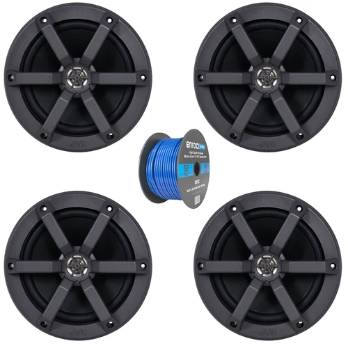 Two Pairs (QTY 4) Of JVC CS-MS620 6.5" 100 Watts Max Power 2-Way Marine Speakers Bundle Combo With 50 Feet 16 Gauge Marine Grade (OFC) Speaker Wire