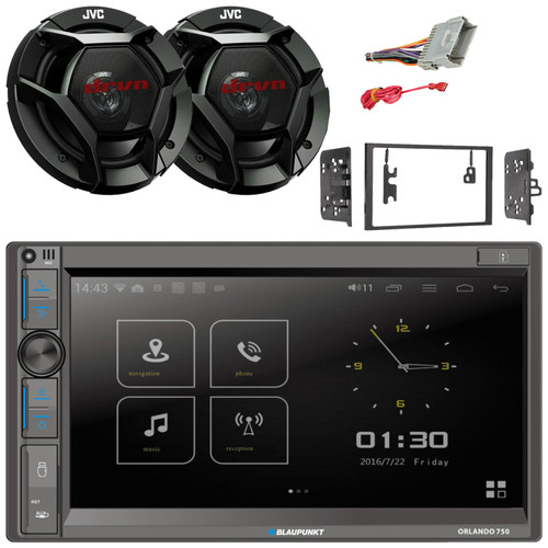 Blaupunkt Orlando 750 6.9" Touchscreen Double DIN Bluetooth USB AM/FM Radio Car Audio Receiver W/Install Kit, 2x 6.5" 300W Max 2-Way Coaxial Speakers, Radio Wiring Harness (Fits 98-08 GM Vehicles)