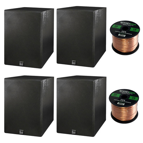 Home Theatre Speaker Package Of 4x Dual Electronics LS205EB Black Wood Grain Bookshelf Indoor/Outdoor Box Speakers + Enrock 50 Feet 16-Guage Speaker Wire