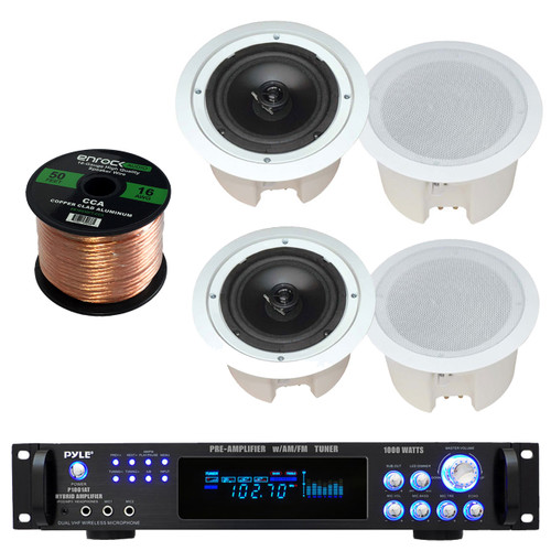 Pyle Pro PDPC82 8" inch 2-Way Round Enclosed In-Ceiling Speaker, Pyle Pro P1001AT 1000W Hybrid Pre-Amplifier with AM/FM Tuner, Enrock Audio 16-Gauge 50 Foot Speaker Wire