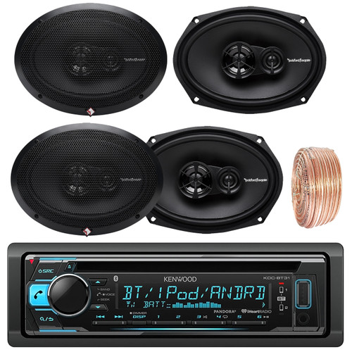Kenwood KDCBT32 Car CD Player Receiver Bluetooth USB AUX Radio - Bundle Combo With 4x Rockford Fosgate R169X3 6x9" 260W 3-Way Black Car Coaxial Audio Speakers + Enrock 50 Ft 18 Gauge Wire