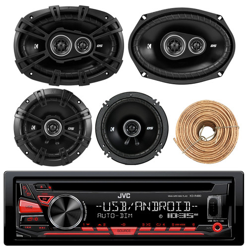 JVC KDR480 Car Radio USB AUX CD Player Receiver - Bundle Kit With 2 Kicker DSC69304 6x9" Coaxial 3-Way Car Speaker + 2x DSC654 6.5" 2-Way Speaker + Enrock 50-Ft 18G Wire