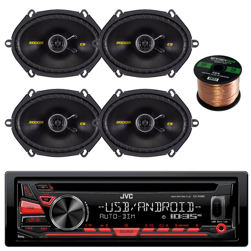 JVC KD-R480 Single DIN In-Dash CD/AM/FM/USB/AUX Car Stereo Receiver, Enrock Audio 16-Gauge 50 Foot Speaker Wire, 2 X 40CS684 X Kicker 40CS684 6x8 inch 2-Way Speakers
