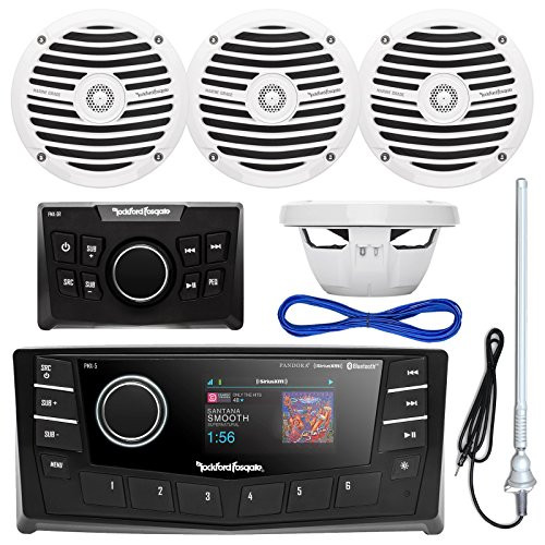 Rockford Fosgate PMX-5 Punch Marine Oversized 2.7" DIN AM/FM Bluetooth Stereo Receiver Bundle Combo With PMX-0R Wired Remote Control + 4x RM0652 6.5" Inch White Audio Speakers + Enrock Radio Antenna + 50Ft Wire