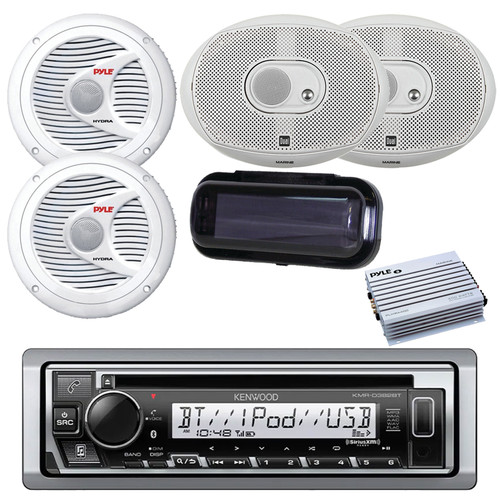 Kenwood KMR-D382BT Single DIN USB Bluetooth CD Stereo Receiver, Black Radio Cover, 4-Channel Amplifier, 2x 6x9" 200 Watt 3-Way Boat Speakers, 2x 6.5'' 150 Watt 2-Way Boat Audio Speakers (White)