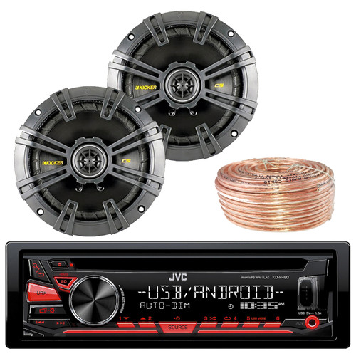JVC KDR480 Car Radio USB AUX CD Player Receiver - Bundle Combo With 4x Kicker 40CS654 6.5" Inch 300-Watt Car Audio 2-Way Coaxial Speakers + Enrock 50 Foot 18 Gauge Wire
