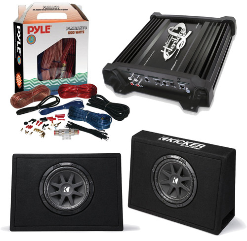 Car Subwoofer And Amp Combo: 2x Kicker 10TC104 Comp 10" 300W Audio Subwoofers Bundle With Lanzar HTG237 1000W Heritage Mosfet Stereo Amplifier + Pyle PLMRAKT8 8 Gauge Marine Amplifier Installation Kit