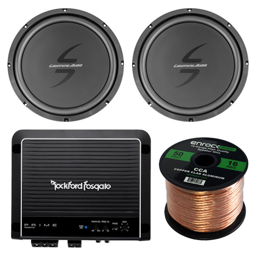 Car Sub & Amp Package Of 1 Pair of Lightning Audio By Rockford Fosgate L0S412 12" Car Audio Single Voice Coil Subwoofer Bundle Combo With 500W Class-D Monoblock Amplifier + Enrock 50 Foot 16G Wire