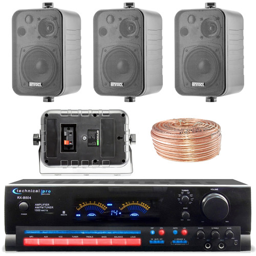 Technical Pro RX504 1500-Watt - 2-Channel - Integrated Amplifier & Pre-Amp Stereo Receiver Amp Bundle Combo With 4x Enrock EKMR408B 4" Inch 200-Watt 3-Way Black Box Speakers + Enrock 100Ft 18g Wire