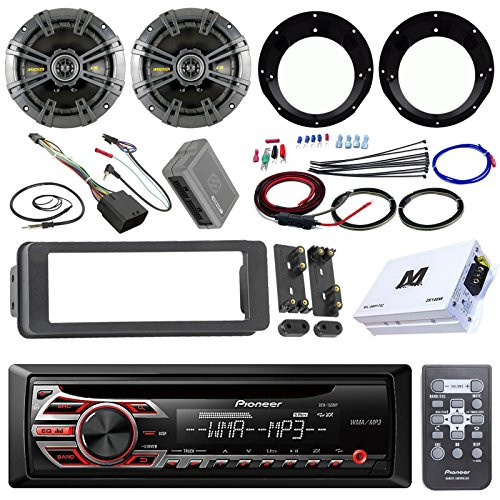 Pioneer DEH150MP Stereo Receiver Bundle + 2 Kicker 6.5" Speaker + Motorcycle Speaker Adapters + Class D Amplifier W/ Amp Kit + Dash Trim Kit + Handle Bar Conroller for 98-13 Harley's + Enrock Antenna