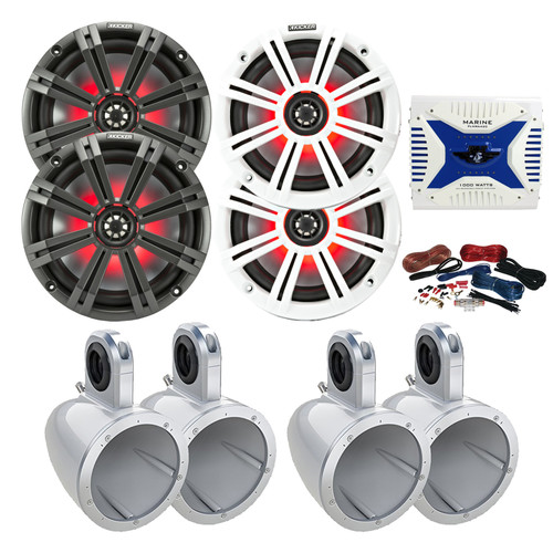 2 Pair (Qty 4) of Kicker 6.5" 195 Watt Max Power Marine Multicolor LED Boat Audio Speakers w/Charcoal and White Grilles, 4x Marine White Tower Speaker Enclosures, 4-Channel Bluetooth Amplifier w/Kit
