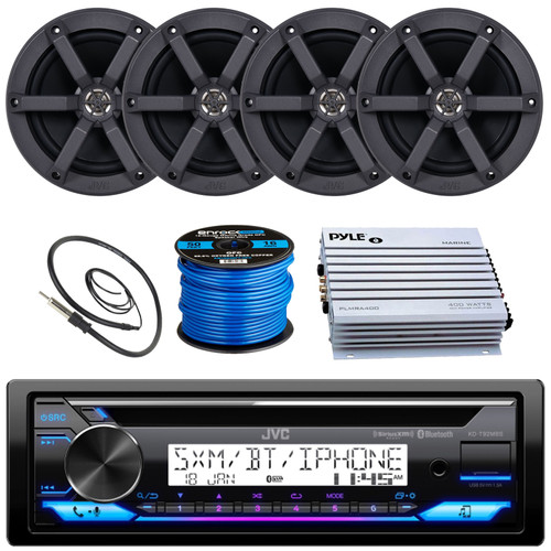 JVC KD-T92MBS Single DIN Marine MotorSports Bluetooth USB/AUX CD Player AM/FM Radio Stereo Receiver, 4x 6.5" 100 Watt Max Power 2-Way Speakers, 4-Channel Amplifier, 22" Radio Antenna, Speaker Wire