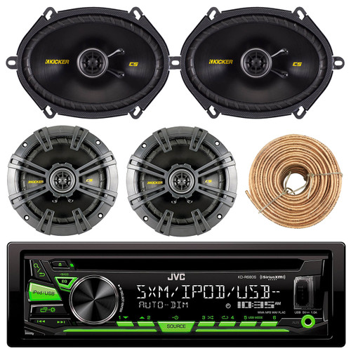 JVC KDR680S Car Radio USB AUX CD Player Receiver - Bundle Combo With 2x Kicker CS654 6.5" 300W 2-Way Coaxial Speakers + 2x 6x8" 450W Speaker + Enrock 50 Foot 18 Gauge Wire