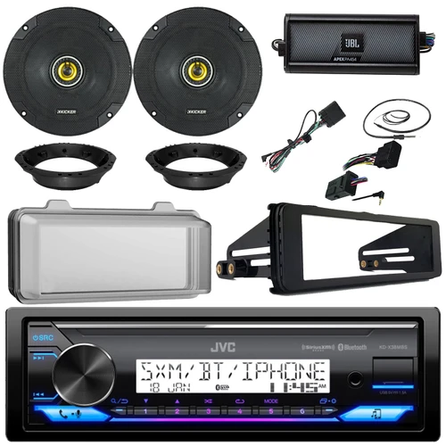 JVC KD-X38MBS Single DIN Marine Bluetooth USB/AUX AM/FM Radio Stereo Receiver W/Install Kit & Cover, 2x 6.5" 300W Max Speakers W/Adapters, 4-Channel Amplifier, Handlebar Control Interface, Antenna