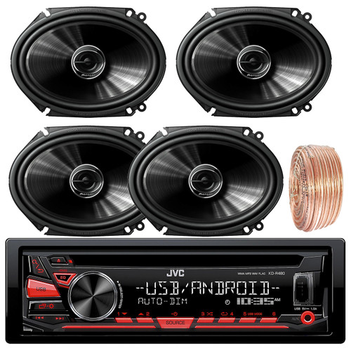 JVC KDR480 Car Radio USB AUX CD Player Receiver - Bundle Combo With 4x Pioneer TSG6845R 250-Watt 6x8" inch 2-Way Coaxial Car Audio Speakers + Enrock 50 Ft 18 Gauge Wire
