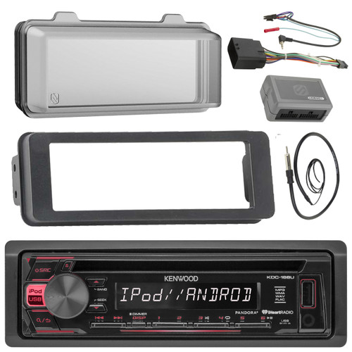 Kenwood KDC168U Stereo CD Receiver Radio - Bundle with Installation Dash Kit + Handle Bar Control Module + Weathershield Cover + Enrock Wire Antenna for 1998 2013 Harley Touring Motorcycle Bikes