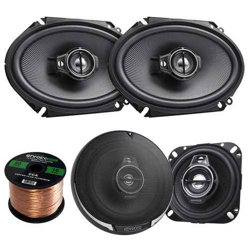 2 Pair Car Speaker Package Of 2x Kenwood KFC-1095PS 4" 3-Way Black Performance Series Black Flush Mount Car Coaxial Speakers + 2x KFC-C6895PS 720-Watt 6x8" Inch Audio Speaker + Enrock 16g 50Ft Wire