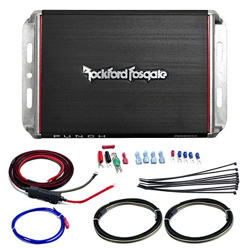 Marine Amp Bundle: Rockford Fosgate PBR300X4 Punch 300-Watt 4-Channel Boosted Rail Compact Amplifier Combo With Scosche 10-AWG OFC Moto Amp Power Installation Kit (4 Channel)