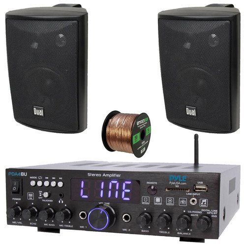 Pyle PDA4BU Wireless Bluetooth Multi-Channel 200 Watt Home Audio Stereo Amplifier Receiver, 2x Dual Electronics LU47PB 4" 200W Max 3-Way Indoor/Outdoor Black Speakers, 50 Feet 16 Gauge Speaker Wire