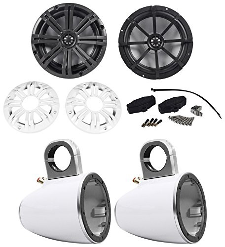 One Pair (QTY 2) Of Kicker 45KM84L 8" 300 Watt Max Power 2-Way Coaxial RGB LED Boat Speakers W/Charcoal and White Grilles Bundle Combo With 8" White Speaker Enclosures