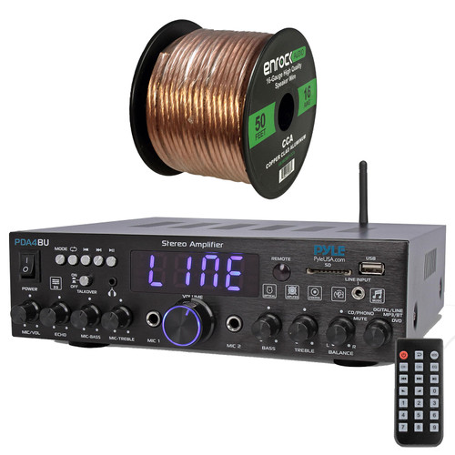 Pyle PDA4BU Wireless Bluetooth Multi-Channel 200 Watt Home Audio Stereo Amplifier Receiver Bundle Combo With 50 Feet 16 Gauge Speaker Wire
