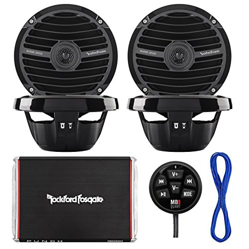 Marine Speaker And Amp Combo Of 4x Rockford Fosgate RM0652 6.5" Marine Audio Speakers Bundle With a 300-Watt 4-Channel Boosted Rail Amplifier W/ Bluetooth preamp controller + 50Ft 16g Speaker Wire (White)
