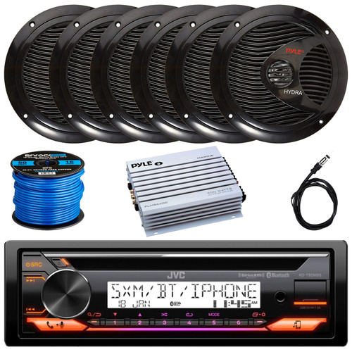 JVC KD-T92MBS Single DIN Marine MotorSports Bluetooth USB/AUX CD Player AM/FM Radio Stereo Receiver, 6x 6.5" 150W Max Full Range Dual Cone Speakers, 4-Channel Amplifier, Radio Antenna, Speaker Wire