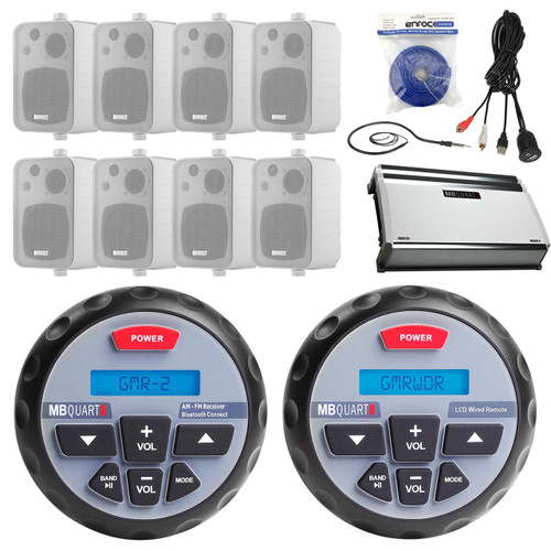 MB-Quart GMR-2 Marine Bluetooth MP3 Apple Control Stereo Receiver Bundle Combo With 8x Enrock 4" 200-Watt White Box Speakers + Remote Control + 360W 4-Chan. Amplifier + Antenna + USB/AUX To RCA Cable