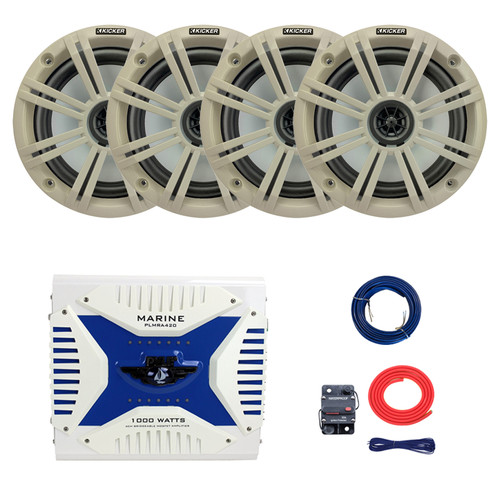 Two Pairs (Qty 4) of Kicker 6.5" 195 Watt Max Power 4 Ohm Coaxial Speakers w/White Grilles, 4 Channel 1000 Watt Bridgeable Mosfet Amplifier, 8 Gauge Amplifier Wiring Kit, 20-Feet 16 Gauge Speaker Wire