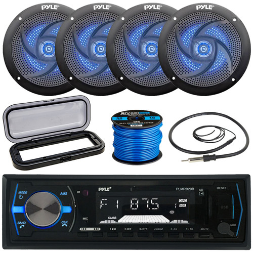 Pyle PLMRB29B Single DIN Marine Bluetooth USB/AUX MP3 Player AM/FM Radio In-Dash Black Stereo Receiver w/ Black Cover, 4x 5.25" 180W Max 2-Way low-profile Blue LED Black Boat Speakers, Antenna, Wire