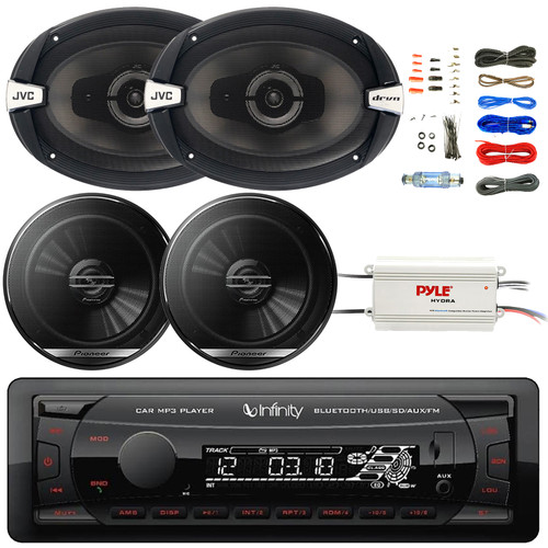 Infinity Alpha 100 Single DIN Bluetooth USB/AUX MP3 Player SD FM Radio Digital Media Car Audio Receiver, 2x 6x9" 500W Max 3-Way Speakers, 2x 6.5" 300W Max 2-Way Speakers, 4 Channel Amplifier W/Kit