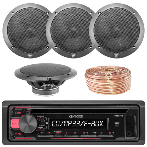 Kenwood KDC118 Car CD Player Receiver USB AUX Radio - Bundle Combo With 2x L65-S 6-1/2 Inch Full Range Black Car Component Speakers + Enrock 50 Foot 18 Gauge Wire