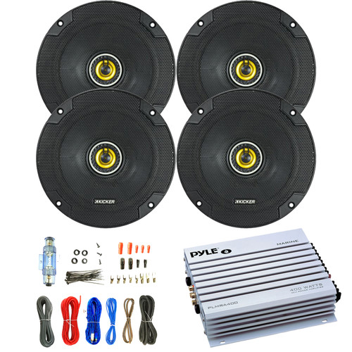 Two Pairs (QTY 4) Of Kicker CSC65 CS Series 6.5" 300 Watt Max Power 4 Ohm 2-Way Coaxial Car Audio Speakers, 4 Channel 400 Watt Amplifier, 8 Gauge Amplifier Wiring Installation Kit