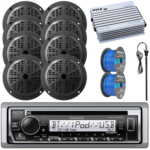 Kenwood KMR-D382BT Single-DIN Marine Bluetooth USB/AUX CD Player SiriusXM Ready Receiver, 8x 5.25'' 100W Max Power 2-Way Full Range Black Speakers, 4 Channel Amplifier, Radio Antenna, 2x Speaker Wire