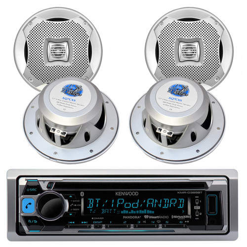 Kenwood KMR-D368BT Marine Boat Yacht CD MP3 Bluetooth Stereo AM/FM iPod iPhone Radio Player, Lanzar AQ7CXS Lanzar 500 Watts 7.7'' 2-Way Marine Speakers (Silver Color)