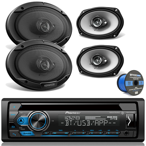 Pioneer DEH-S4100BT Single DIN In-Dash CD/AM/FM Bluetooth Receiver w/ Android/iPod/iPhone Control, Auxiliary Inputs (USB & 3.5mm) Detachable Faceplate, Kenwood 6X9" 3-Way Speaker 550W, 14 Gauge 50 Foot Speaker Wire