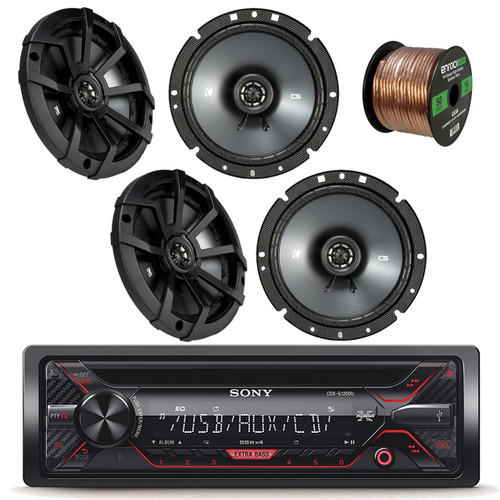 Sony Xplod CDXG1200U Receiver with 52x4 Watt Amp With Kicker 43CSC674 6-3/4" Inch 600 Watt CS-Series Black Car Coaxial Speakers (2-Pairs), Enrock Audio 16-Gauge 50 Foot Speaker Wire