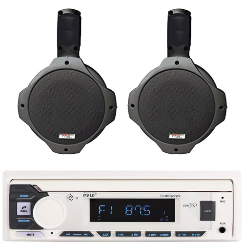 Pyle PLMRB29W2 Single DIN Marine Bluetooth USB/AUX MP3 Player AM/FM Radio Stereo Receiver, 2x Pyle PLMRB65 6.5" 200 Watt Max Power Water-Resistant Black Boat Wakeboard Speakers