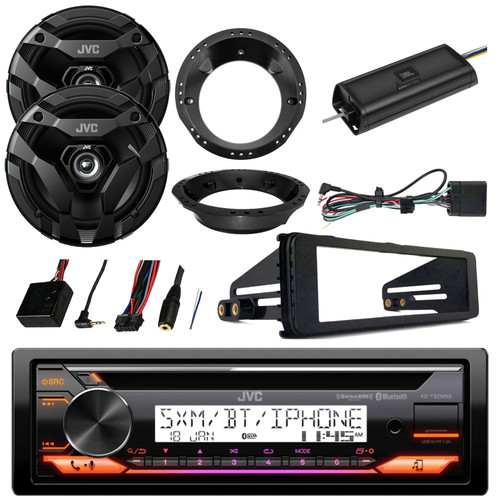 JVC KD-T92MBS Single DIN Marine Bluetooth USB AUX CD Stereo Receiver, 2x 6.5" 300 Watt Max 2-Way Car Audio Speaker w/Adapter, 98-2013 FLHX Harley Dash Kit, Steering Wheel Controls, 2-Channel Amplifier