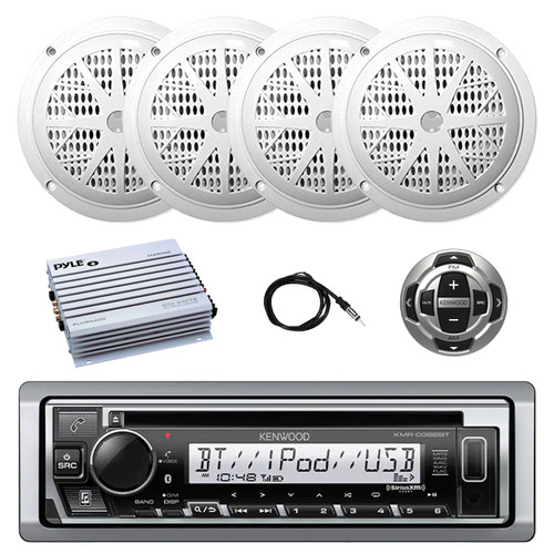 Kenwood KMR-D382BT Single DIN Marine USB Bluetooth AM/FM CD Digital Media Receiver, Wired Remote, 4x 4'' 100 Watt Peak Power Dual Cone Waterproof Stereo Speakers (White), 4-Channel Amplifier, Antenna