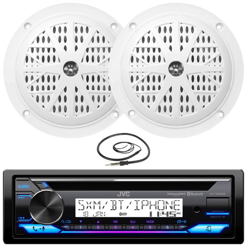 JVC KD-T92MBS Single DIN Marine MotorSports Bluetooth USB/AUX CD Player AM/FM Radio Stereo Receiver, 2x Pyle PLMR41W 4'' 100 Watt Max Power Dual Cone Waterproof White Stereo Speakers, Radio Antenna