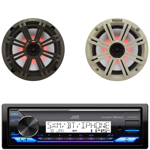 JVC KD-X38MBS Single DIN Marine Bluetooth MotorSports USB/AUX LED Illumination AM/FM Radio SiriusXM Ready Stereo Receiver, 2x 6.5" 195W Max RGB LED Coaxial Speakers w/Charcoal Grille + White Grille