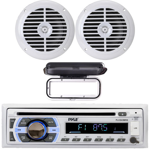 Pyle PLCD43MRB Single DIN Marine Bluetooth USB/AUX MP3 Player AM/FM Radio In-Dash Stereo Head unit Receiver w/White Cover, 2x 6.5'' 120W Max Power full-range White Waterproof Boat Stereo Speakers